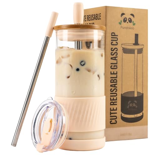 Pandaloo® Glass Cups With Lids and Straws -20 Fl Oz- Perfect Size Iced Coffee Cup - Smoothie Cup With Bamboo Lid and On the go Lid - Glass Tumbler With Straw (1 Count (Pack of 1), Vanilla Cream) - Image 1