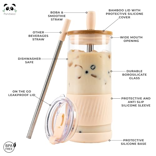 Pandaloo® Glass Cups With Lids and Straws -20 Fl Oz- Perfect Size Iced Coffee Cup - Smoothie Cup With Bamboo Lid and On the go Lid - Glass Tumbler With Straw (1 Count (Pack of 1), Vanilla Cream) - Image 2