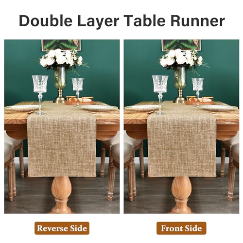 NEWISHER Farmhouse Rustic Faux Linen Table Runner Neutral Coffee Table Runners Double Layer Reversible Rectangle Runners for Daily Use Kitchen Dining Banquet Holiday 13x36 Inch - Image 5