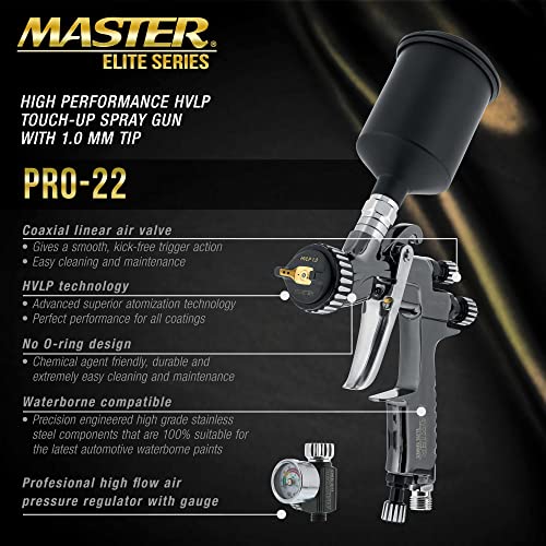 Master Airbrush Master Elite PRO22 HVLP Air Spray Paint Gun with 10mm Tip 150ml Cup Air Pressure Regulator Gauge Air Paint Sprayer Gun for Cars Painting Base Clearcoats - Image 3