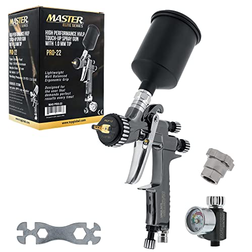 Master Airbrush Master Elite PRO22 HVLP Air Spray Paint Gun with 10mm Tip 150ml Cup Air Pressure Regulator Gauge Air Paint Sprayer Gun for Cars Painting Base Clearcoats - Image 1