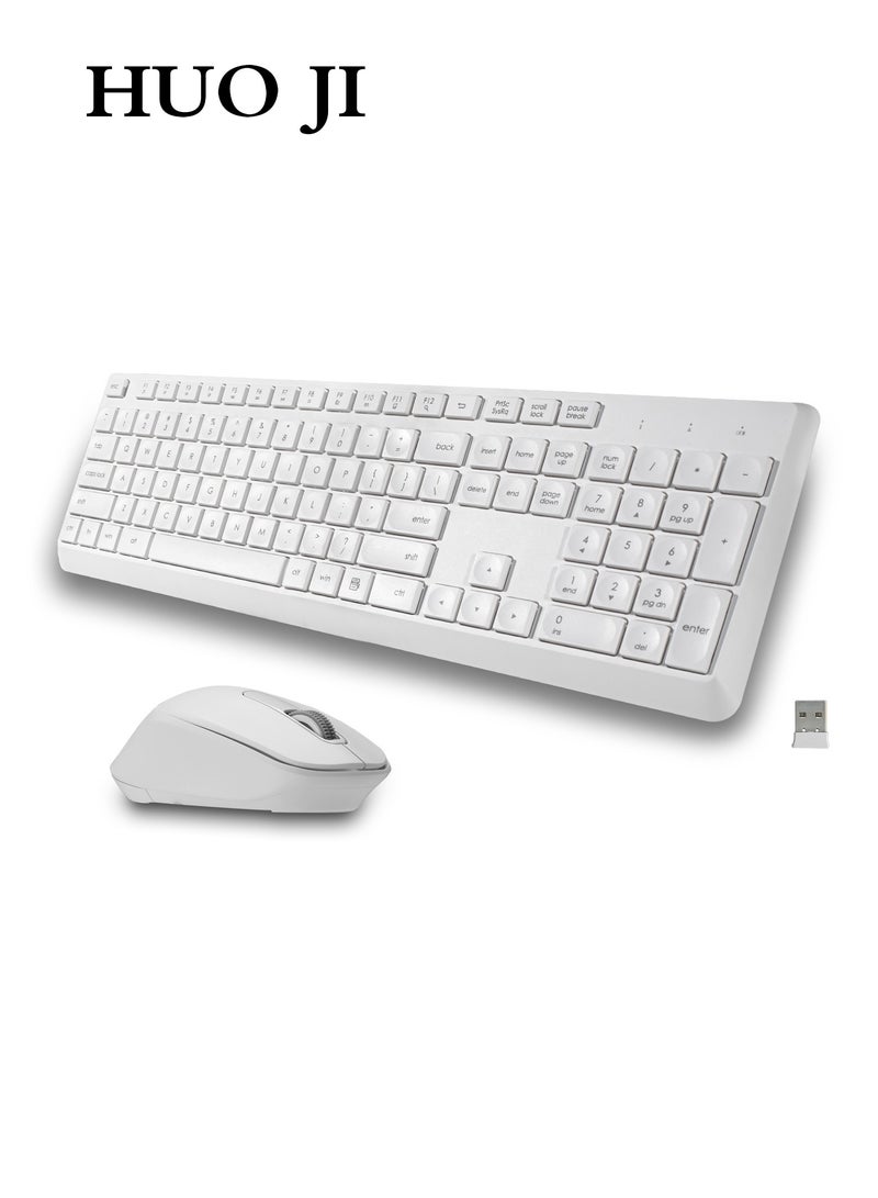HUO JI Wireless Keyboard and Mouse Combo, 2.4G Full-Size Computer Keyboard, Quiet and Soft Ergonomic Wireless Mouse for Windows, Laptop/PC/PS/Mac Desktop, White  - Image 1