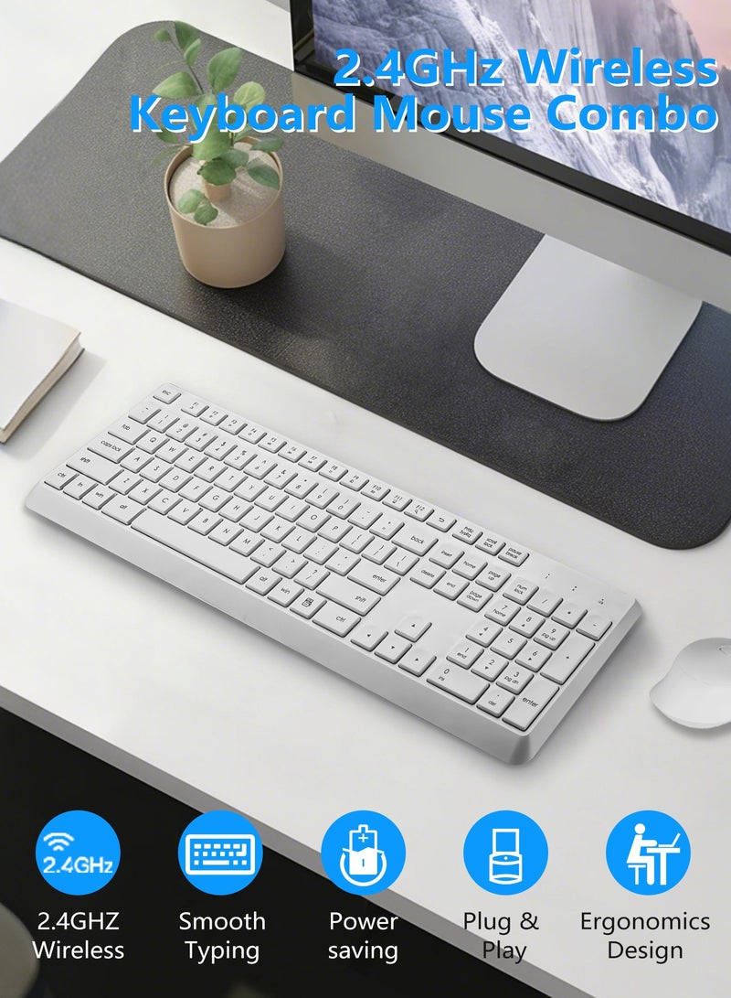 HUO JI Wireless Keyboard and Mouse Combo, 2.4G Full-Size Computer Keyboard, Quiet and Soft Ergonomic Wireless Mouse for Windows, Laptop/PC/PS/Mac Desktop, White  - Image 2