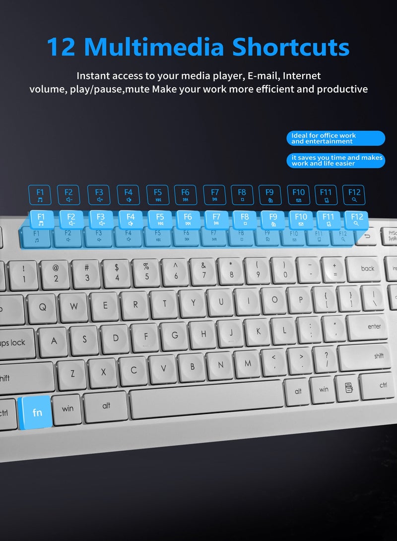 HUO JI Wireless Keyboard and Mouse Combo, 2.4G Full-Size Computer Keyboard, Quiet and Soft Ergonomic Wireless Mouse for Windows, Laptop/PC/PS/Mac Desktop, White  - Image 3