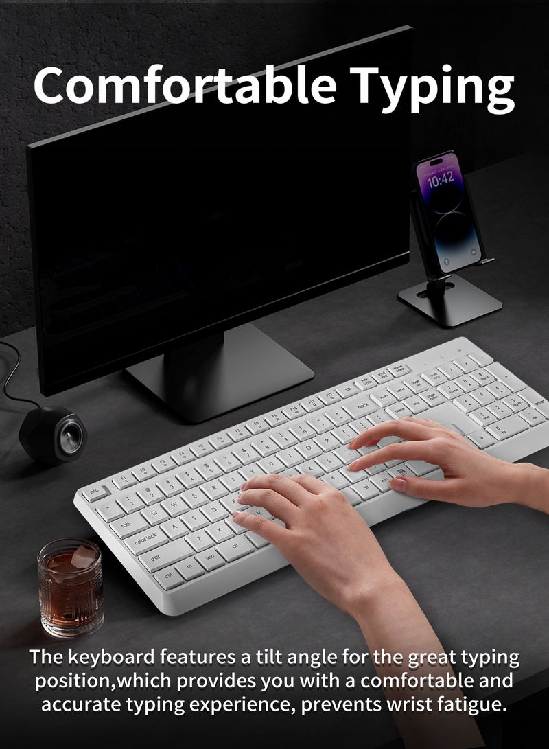 HUO JI Wireless Keyboard and Mouse Combo, 2.4G Full-Size Computer Keyboard, Quiet and Soft Ergonomic Wireless Mouse for Windows, Laptop/PC/PS/Mac Desktop, White  - Image 5
