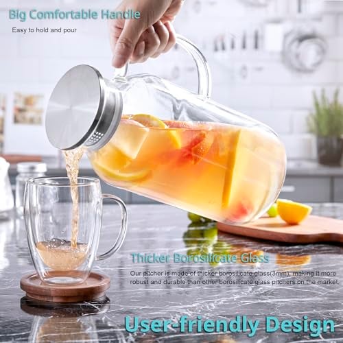 Bivvclaz 2.6 Liter 88 oz Glass Pitcher with Lid and Handle, Glass Water Carafe for Hot/Cold Water, Iced Tea Pitcher, Large Pitcher for Coffee, Juice and Homemade Beverage - Image 3