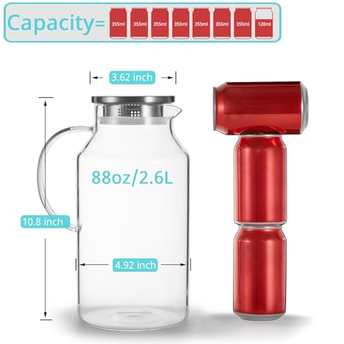 Bivvclaz 2.6 Liter 88 oz Glass Pitcher with Lid and Handle, Glass Water Carafe for Hot/Cold Water, Iced Tea Pitcher, Large Pitcher for Coffee, Juice and Homemade Beverage - Image 2