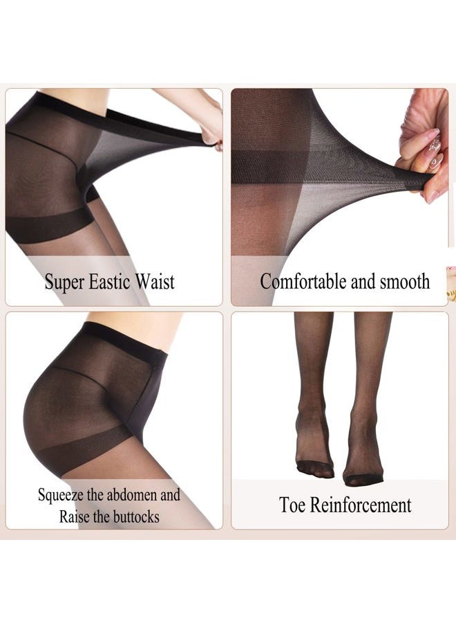 WAKUNA 3 Pairs Sheer Tights For Women 20D Pantyhose Control Top Invisible Reinforced Toes Black or Nude, Black, M - Image 2