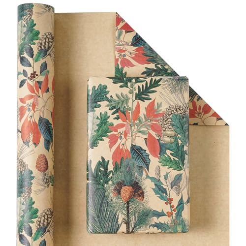 RUSPEPA Kraft Christmas Wrapping Paper Roll Mini Roll Watercolor Winter Botanical Design with Pinecones Holly and Poinsettia Kraft Gift Wrap for Xmas Holiday Winter Party 17 Inches x 164 Feet - Image 3