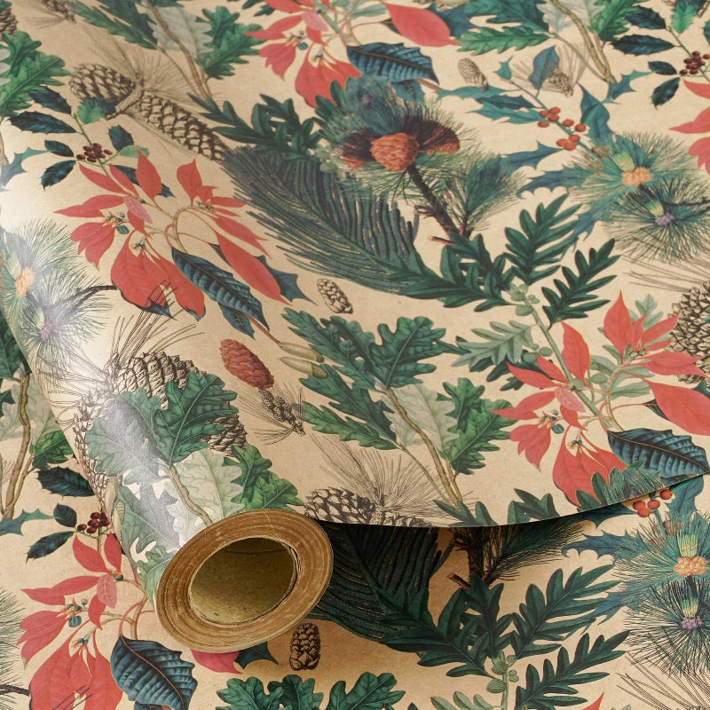 RUSPEPA Kraft Christmas Wrapping Paper Roll Mini Roll Watercolor Winter Botanical Design with Pinecones Holly and Poinsettia Kraft Gift Wrap for Xmas Holiday Winter Party 17 Inches x 164 Feet - Image 2