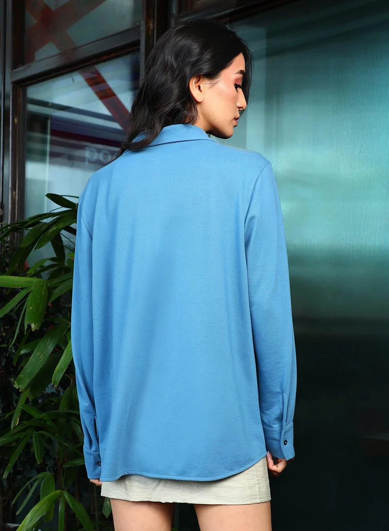 PINACOLADA Women's Sky Blue Solid Boxy Shirt Women's Sky Blue Solid Boxy Shirt for Women | Best Price UAE