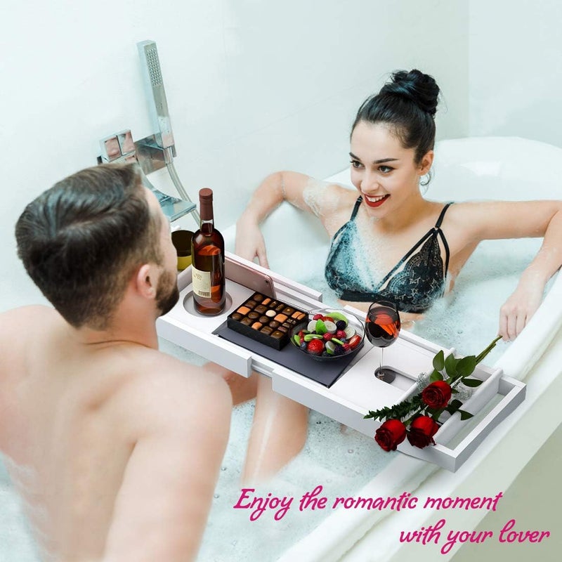Bamfan Bathtub Caddy Tray for Luxury Bath - Bamboo Waterproof Expandable Bath Table Over Tub with Wine and Book Holder and Free Soap Dish (White) - Image 4