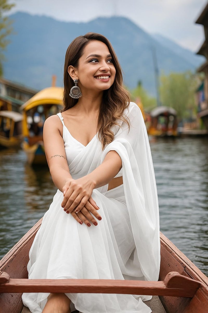 ANSHMJIMN Women's Plain Pure Georgette Saree With Unstitched Blouse Piece (White) - Image 2