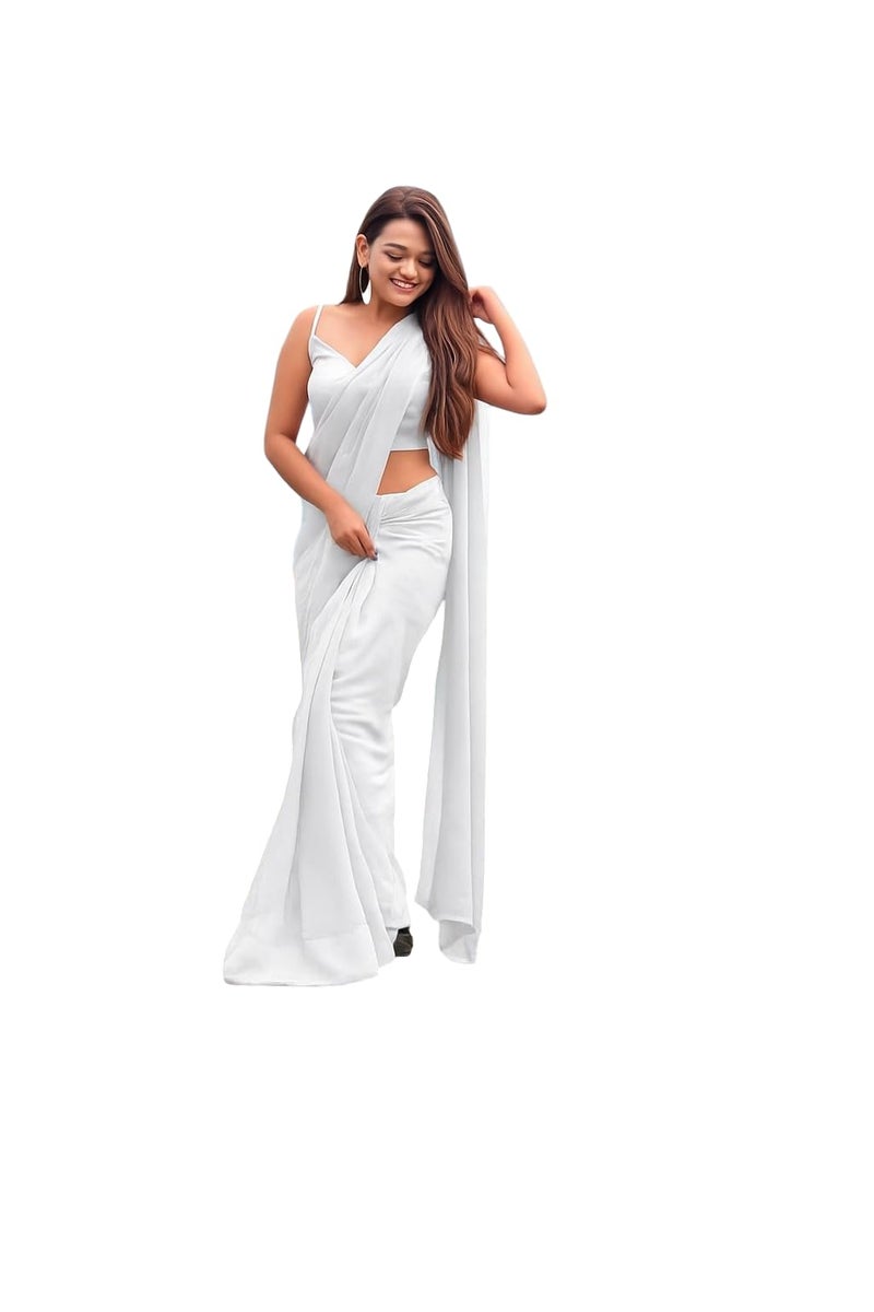 ANSHMJIMN Women's Plain Pure Georgette Saree With Unstitched Blouse Piece (White) - Image 1