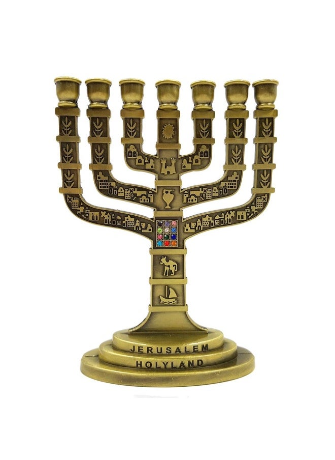 Talisman4U - Small 12 Tribes Of Jerusalem Temple Menorah 7 Branch Brass Candle Holder Judaica Gift 4.7 - Image 1