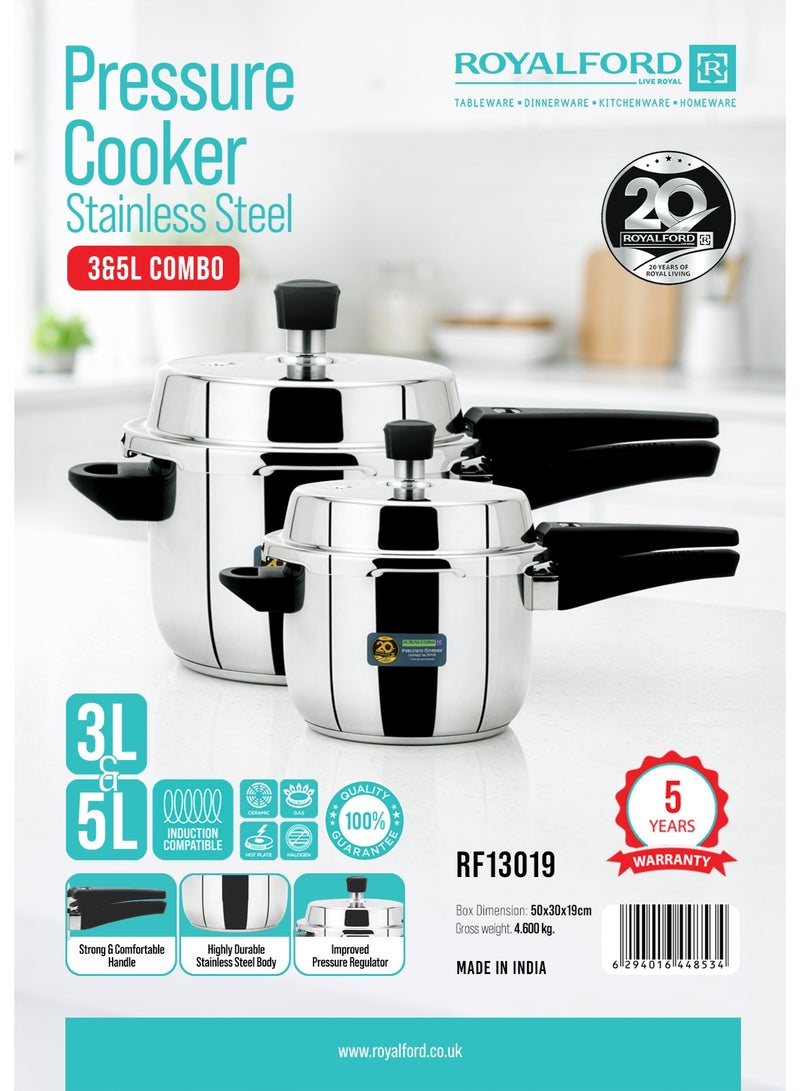Royalford 5L + 3L Stainless Steel Pressure Cooker Combo RF13019 Improved Pressure Regulator, Durable Construction with Firm and Comfortable Handles For all Cooktops - Image 2