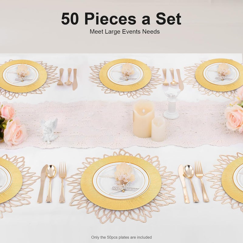 50Pcs Charger Plates, 13 Inch Round Plastic Charger Plates, Stackable Reusable Serving Dessert Plate Western Dim Sum Plate for Parties, Wedding Tabletop Setting Decor (Gold) - Image 3