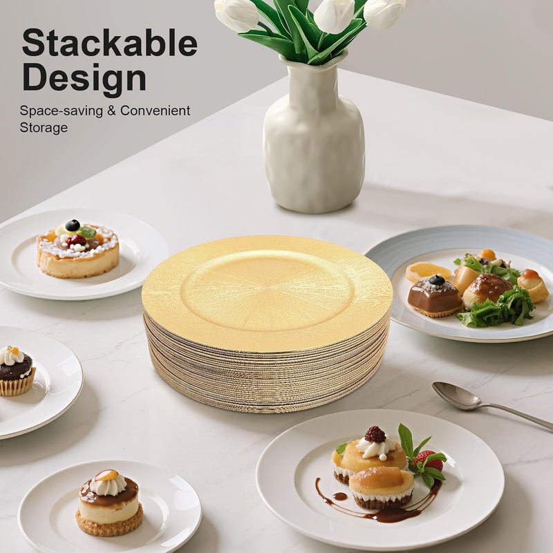 50Pcs Charger Plates, 13 Inch Round Plastic Charger Plates, Stackable Reusable Serving Dessert Plate Western Dim Sum Plate for Parties, Wedding Tabletop Setting Decor (Gold) - Image 2