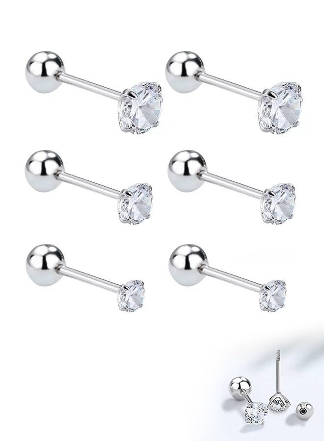 3 Pairs Stainless Steel Screw Stud Earrings Set, Hypoallergenic Cubic Zirconia Studs Earrings, Piercing Post Surgical Earrings for Women Men (Silver) - Image 1