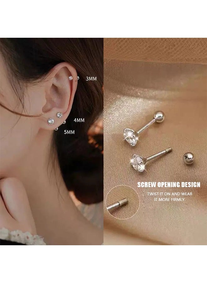 3 Pairs Stainless Steel Screw Stud Earrings Set, Hypoallergenic Cubic Zirconia Studs Earrings, Piercing Post Surgical Earrings for Women Men (Silver) - Image 2