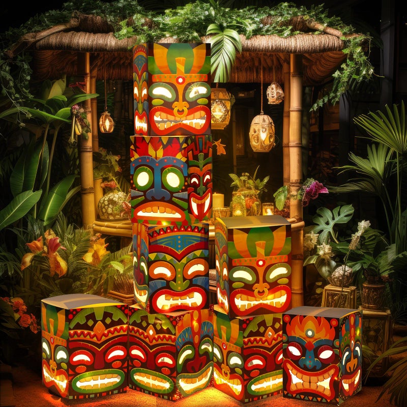 Janlaugh 8 Pcs Tiki Totem Box Decor with Light Luau Party Decorations for Hawaiian Birthday Party Tropical Aloha Decor 984 x 709 Tiki Lighted Gift Boxes for Garden Patio Porch Outdoor Decor - Image 2