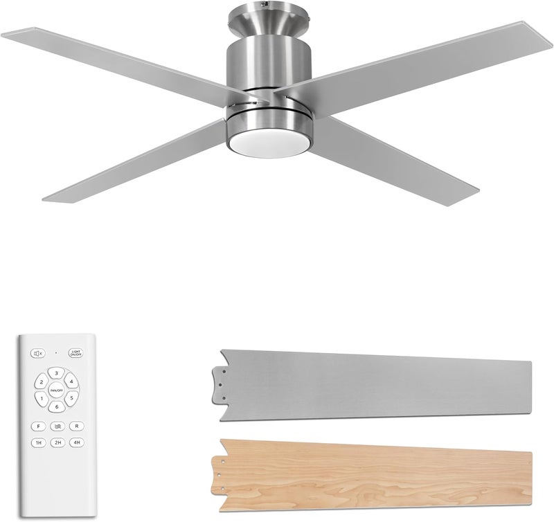 Ohniyou Ceiling Fans with Lights Flush Mount, 52 Inch Low Profile Ceiling Fan with Light, 4 Blades, 6 Speeds, Ceiling Fans with Lights and Remote for Bedroom Living Room Indoor (Nickel) - Image 1