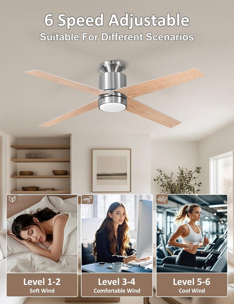 Ohniyou Ceiling Fans with Lights Flush Mount, 52 Inch Low Profile Ceiling Fan with Light, 4 Blades, 6 Speeds, Ceiling Fans with Lights and Remote for Bedroom Living Room Indoor (Nickel) - Image 5
