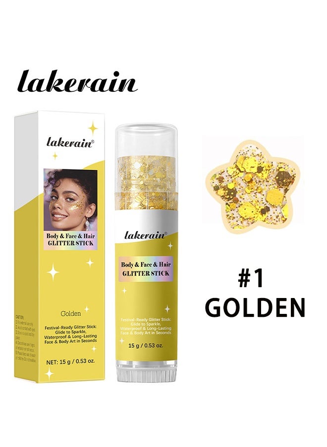 lakerain Body & Face & Hair Glitter Stick, Body Glitter Stick, Face Hair Glitter,Festival Concert Rave Outfit Accessories for Women,Mermaid Sequins Chunky Glitter Makeup 01 Golden - Image 2