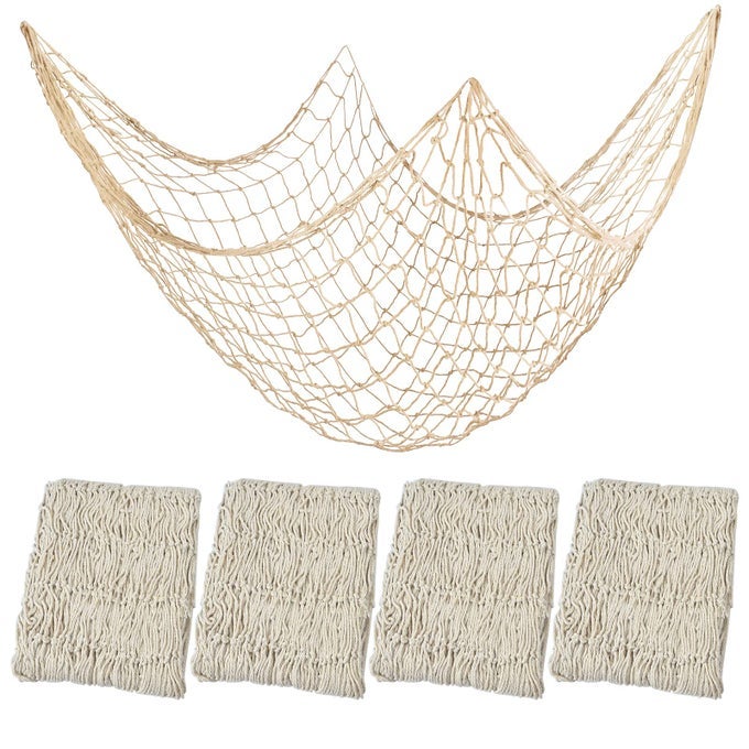 4 PIECES NATURAL FISH NET DECORATION 80 X 40 WALL HANGING COTTON FISHNET DECOR FOR UNDERWATER MERMAID PIRATE HAWAIIAN NAUTICAL OCEAN THEME BEACH BASH PARTY DECORATION BEIGE