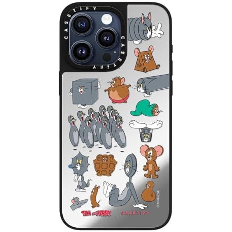 Casetify Mirror Case for iPhone 15 Pro Max 【Tom and Jerry Colab/Reflective / 4.9ft Drop Protection/Compatible with Magsafe】 - Pattern Sticker - Silver on Black - Image 1