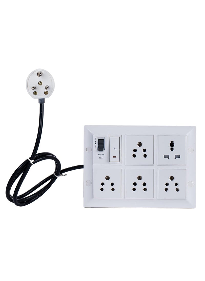 HACKENSACK Hackensack Extension Board Four 6A 113A Universal Socket Switch 16A MCB 16A with ABS 5M Long 100 SQMM x 3 Core Heavy Duty Wire Cable with 6 Amp 3 Pin Plug White  - Image 1