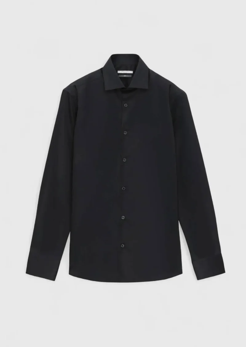 رامسي قميص أسود سادة بقصة ضيقة، مصنوع من القطن الكلاسيكي 100%