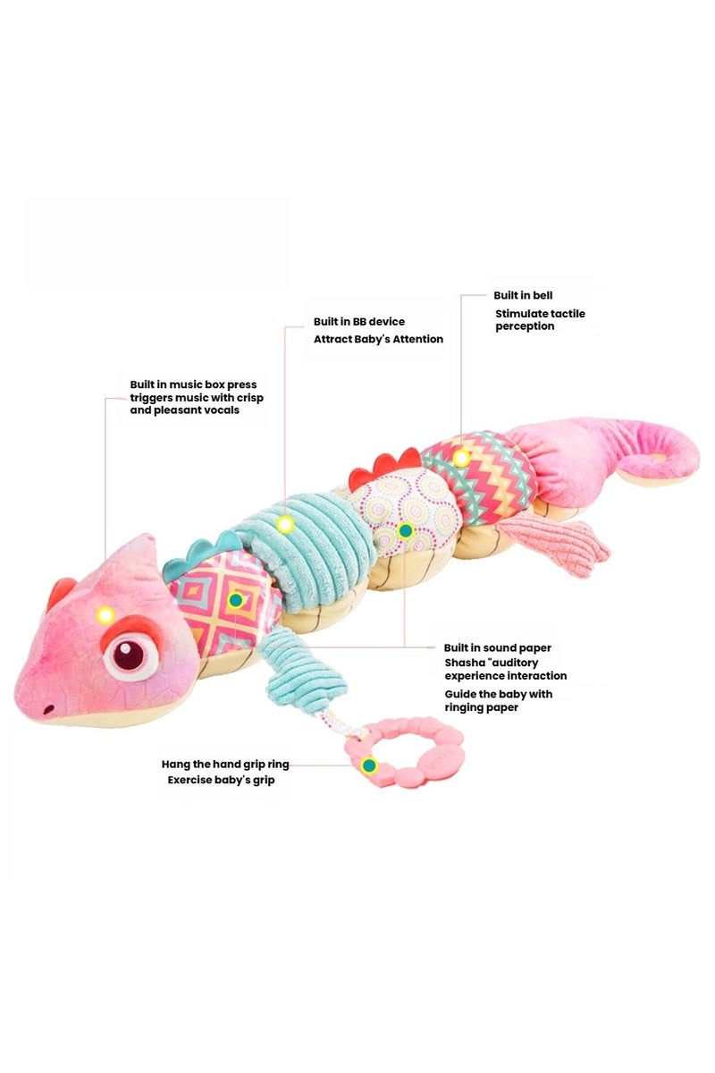 عام دمية حلوان حديثي الولادة على شكل حرباء، بحجم مناسب لطول الطفل، مصنوعة من قماش ناعم محشو، تُستخدم كأداة تهدئة وتعليمية للأطفال من عمر 0 إلى سنة واحدة. - Image 3