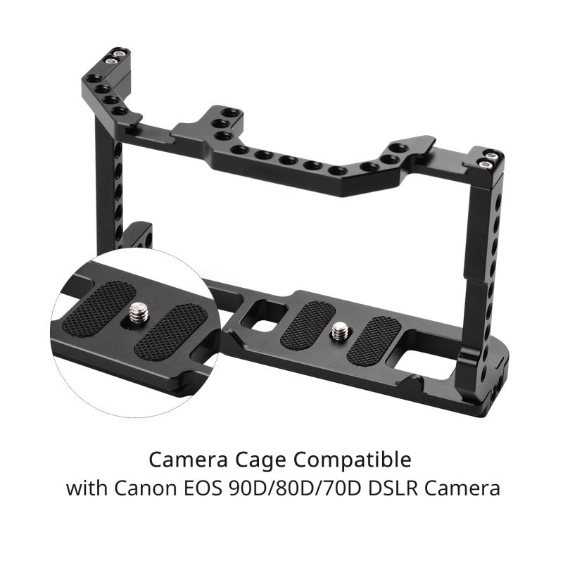 Video Cage: Aluminum Alloy CNC Machined - Anti-slip Pads Dual Cold Shoe Mounts Camera Accessory for Canon EOS 90D/80D/70D DSLR Camera Battery Access Tripod Mount - Image 2