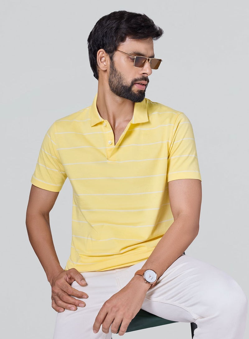 XYXX Linea Men's Stripe Cotton Half Sleeves Polo T-Shirt Golden Haze stripes - Image 1