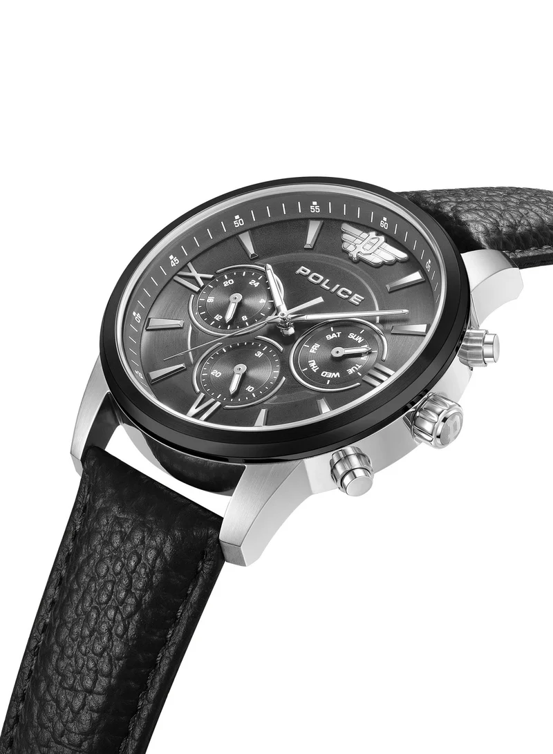 POLICE Avondale Li Grey Dial with Black Leather Strap Chronograph Watch for Men 44mm
