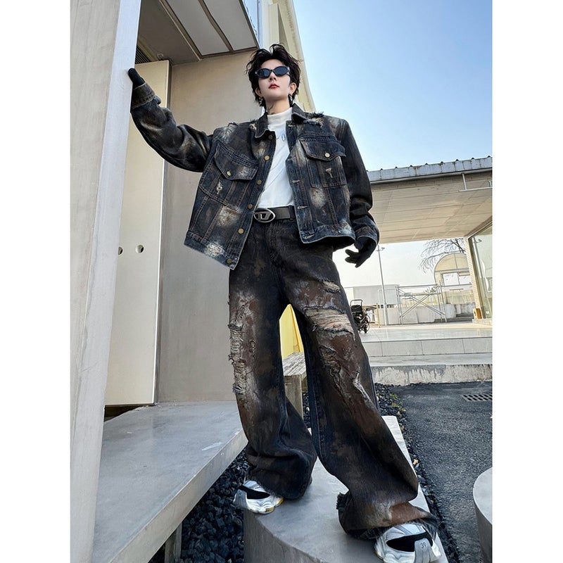 جاكيت دنيم قديم مطلي ريترو أمريكي ربيع 2025 وسروال دنيم ممزق للرجال بدلة فضفاضة - Image 5