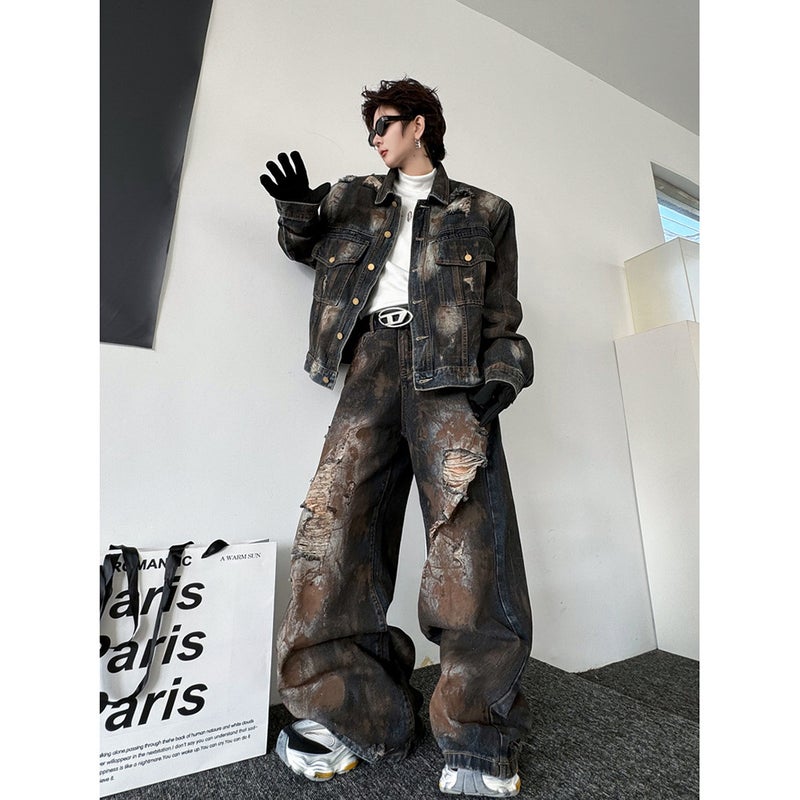 جاكيت دنيم قديم مطلي ريترو أمريكي ربيع 2025 وسروال دنيم ممزق للرجال بدلة فضفاضة - Image 2