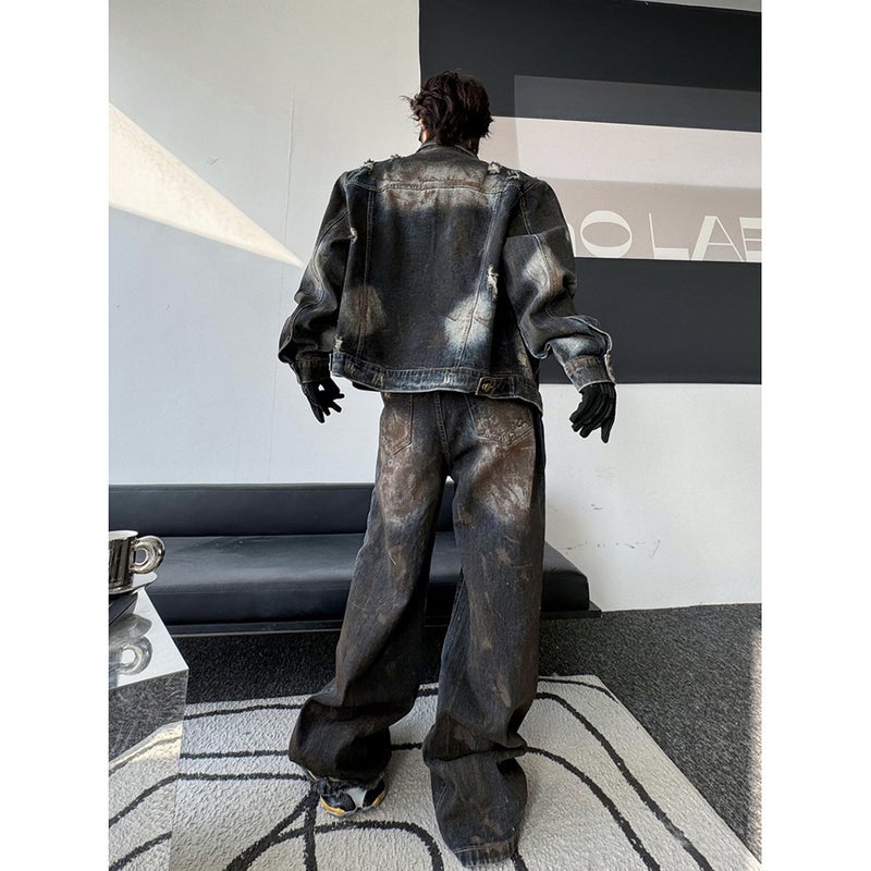 جاكيت دنيم قديم مطلي ريترو أمريكي ربيع 2025 وسروال دنيم ممزق للرجال بدلة فضفاضة - Image 4