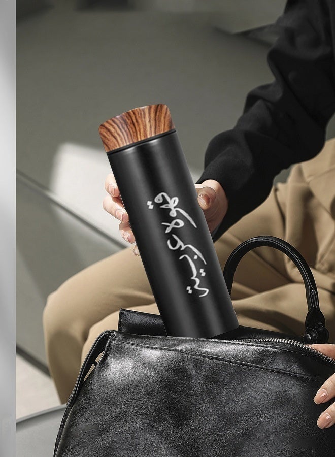 Aijmil Insulated Stainless Steel Coffee Mug Set: Wooden Lid, Stylish Arabic Engraving - Travel & Daily Use | Bonus: Cleaning Brush + Storage Bag - Image 3