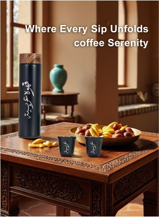 Aijmil Insulated Stainless Steel Coffee Mug Set: Wooden Lid, Stylish Arabic Engraving - Travel & Daily Use | Bonus: Cleaning Brush + Storage Bag - Image 4
