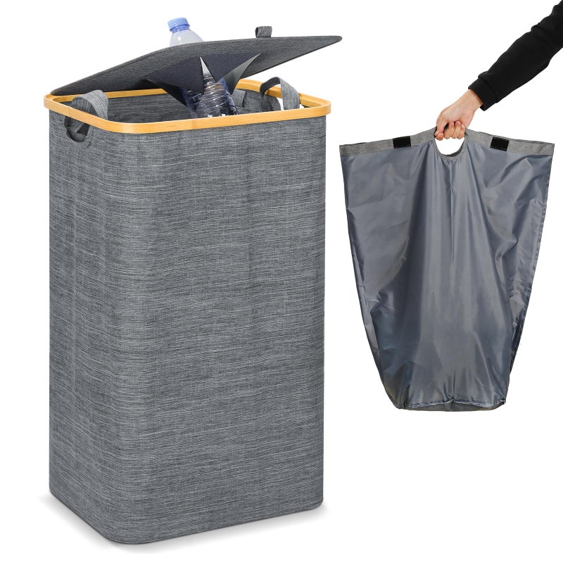 100L Recycling Bin for Kitchen Indoor Home Large Capacity 26 Gallon Recycle Bin with Lid Removeable Reusable Inner Bag for Bottle Can Glass Waste Plastice Stickers Kitchen Recycling Bin Grey