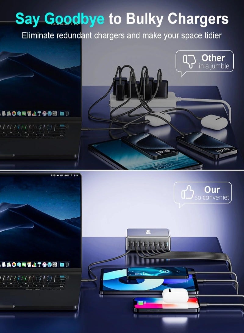 شاحن USB AUSB C بقدرة 440 واط 8 منافذ، شاحن كمبيوتر محمول متعدد المنافذ، شاحن كمبيوتر محمول مكتبي متعدد المنافذ، قابس حائط سريع الشحن مع سلك طاقة بطول 1.5 متر أسود - Image 5