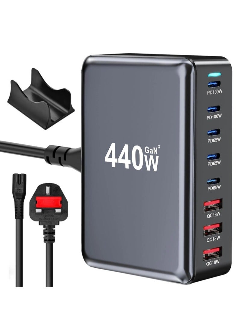 شاحن USB AUSB C بقدرة 440 واط 8 منافذ، شاحن كمبيوتر محمول متعدد المنافذ، شاحن كمبيوتر محمول مكتبي متعدد المنافذ، قابس حائط سريع الشحن مع سلك طاقة بطول 1.5 متر أسود - Image 1