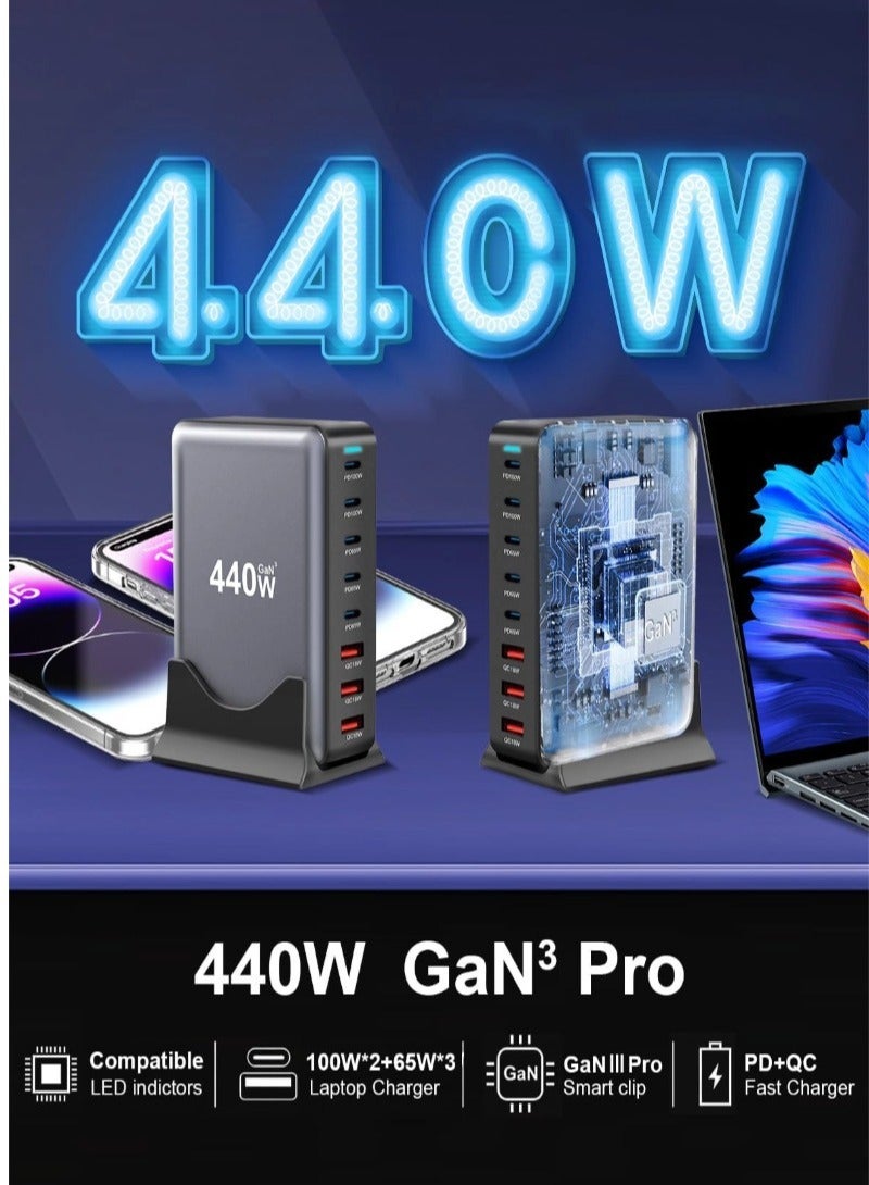 شاحن USB AUSB C بقدرة 440 واط 8 منافذ، شاحن كمبيوتر محمول متعدد المنافذ، شاحن كمبيوتر محمول مكتبي متعدد المنافذ، قابس حائط سريع الشحن مع سلك طاقة بطول 1.5 متر أسود - Image 3