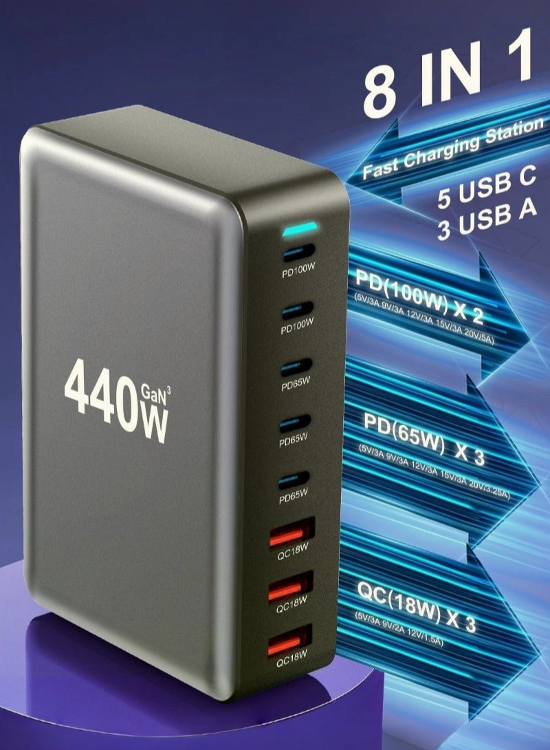 شاحن USB AUSB C بقدرة 440 واط 8 منافذ، شاحن كمبيوتر محمول متعدد المنافذ، شاحن كمبيوتر محمول مكتبي متعدد المنافذ، قابس حائط سريع الشحن مع سلك طاقة بطول 1.5 متر أسود - Image 4