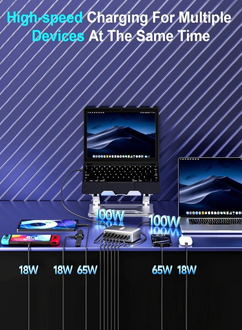 شاحن USB AUSB C بقدرة 440 واط 8 منافذ، شاحن كمبيوتر محمول متعدد المنافذ، شاحن كمبيوتر محمول مكتبي متعدد المنافذ، قابس حائط سريع الشحن مع سلك طاقة بطول 1.5 متر أسود - Image 2