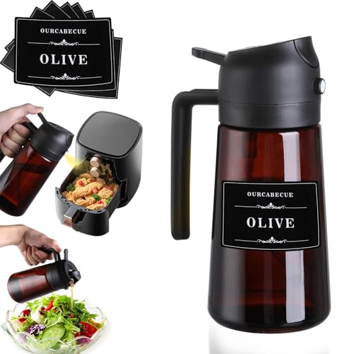 OURCABECUE Oil Sprayer for Cooking, 16oz Glass Olive Oil Dispenser Bottle for Kitchen Gadgets, 2 in 1 Spray and Pour Dark Brown Bottle with Stickers for Air Fryer, Salad - Image 1