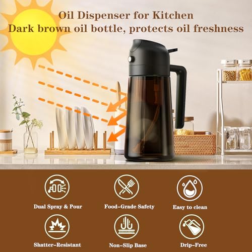 OURCABECUE Oil Sprayer for Cooking, 16oz Glass Olive Oil Dispenser Bottle for Kitchen Gadgets, 2 in 1 Spray and Pour Dark Brown Bottle with Stickers for Air Fryer, Salad - Image 3