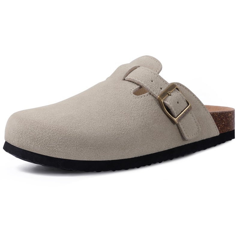 ODOLY Genuine Suede Clogs for Women Men Soft Cork Footbed Leather Mules Comfort Potato Shoes with Arch Support, Light Grey 41 - Image 1